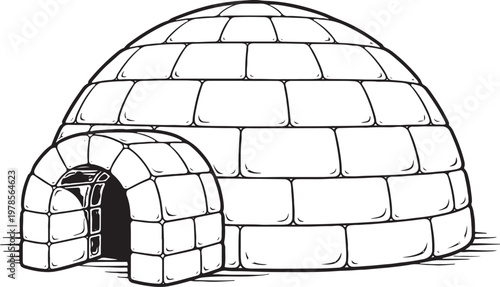 Arctic Igloo House Line Art, Traditional Inuit Snow Dome Architecture Illustration, Minimal Black White Vector Building