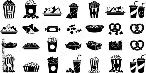 Cinema Snack Icon Set Featuring Popcorn Nachos Soda Hot Dog Candy Pretzels and Fast Food Items for Movie Theater and Entertainment Design