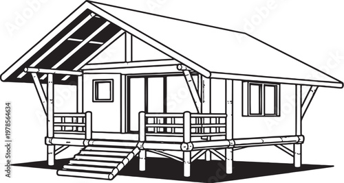 Bamboo house line art tropical eco architecture stilt house outline vector illustration