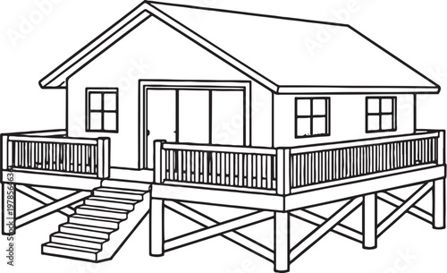 Beach Resort House Line Art Vector Coastal Vacation Home Outline Illustration