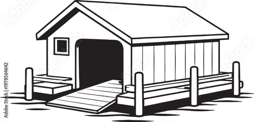 Boathouse line art lakeside boat house building outline vector illustration isolated