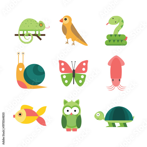 A colorful set of cartoon animals and insects