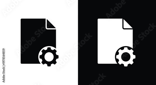 A contrasting depiction of a document icon with a settings gear shown in both black and white