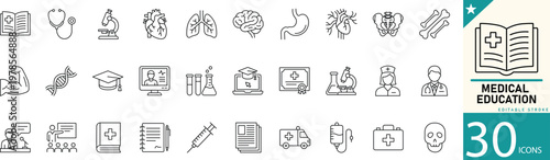 Minimal Medical Education line icons for healthcare, training, study, hospital, doctor, and learning. Perfect for medical schools, e-learning platforms, and healthcare projects