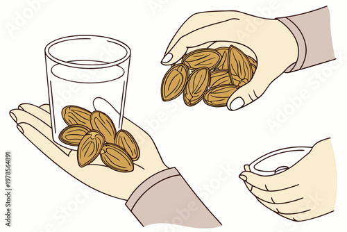 Hands Preparing Healthy Almonds and Almond Milk Illustration.