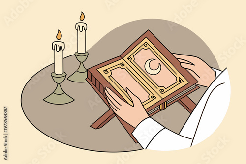 Hands Holding Holy Book with Candles for Spiritual Study.