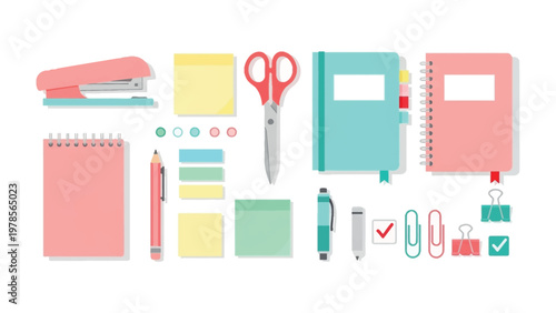 Stationery Assortment: A curated collection of office supplies and stationery, thoughtfully arranged against a clean backdrop, featuring notebooks, pens, scissors, sticky notes, and a stapler.