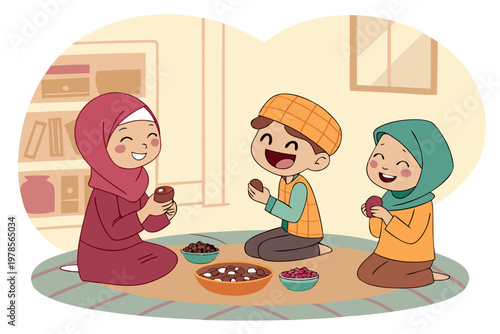 Joyful Muslim Children Sharing Dates During Ramadan Celebration.