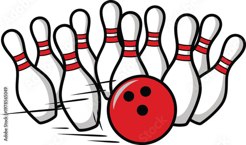 Bowling pins scattered by red ball vector illustration