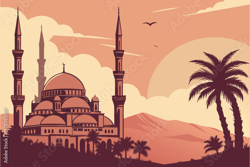 Majestic Mosque Silhouette in Desert Landscape at Sunset.