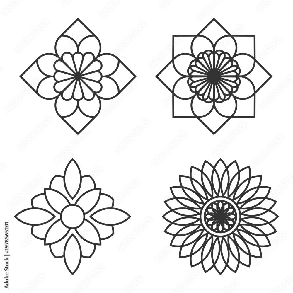 Obraz premium Set of geometric floral mandala ornaments in line art style.