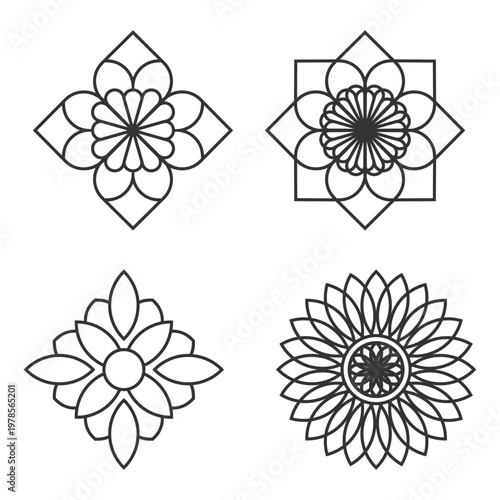 Set of geometric floral mandala ornaments in line art style.