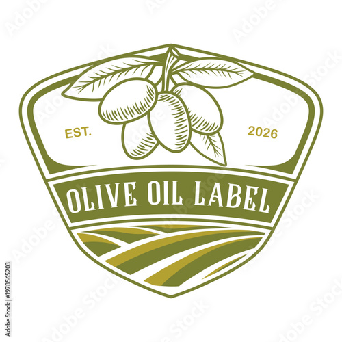 Vintage olive oil label design with olive branch and field illustration.