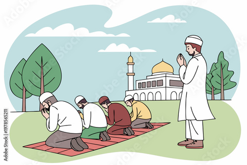 Muslim Men Performing Salat Prayer Outdoors Near Mosque.