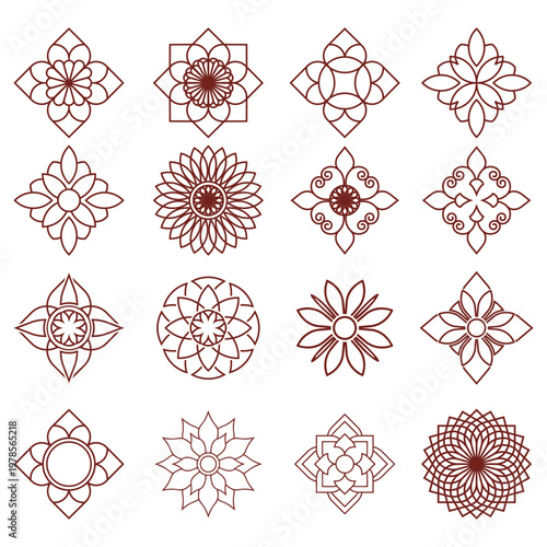set of minimalist symmetrical flower icons for branding and decoration.