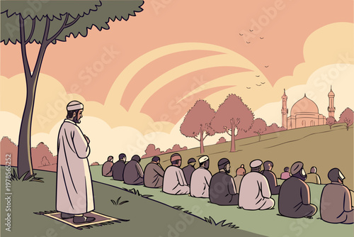 Muslim Men Praying Outdoors with Mosque at Sunset.