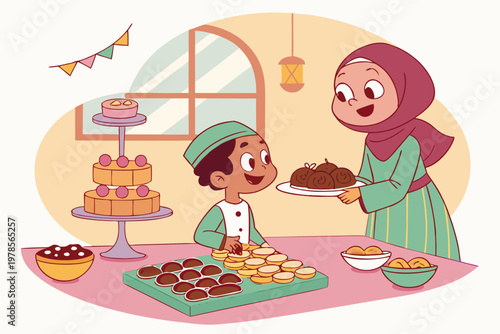 Muslim Mother and Son Celebrating Eid with Sweets.