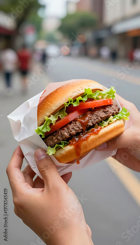 Person holding fresh cheeseburger with lettuce and tomato in paper wrapping on city street. Delicious fast food snack outdoors. Tasty lunch concept for meal delivery and street bistro.