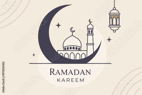 Ramadan Kareem Greeting with Mosque and Crescent Moon.