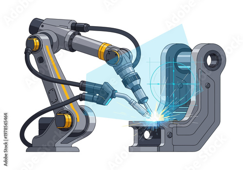 Industrial Robot Arm Welding Metal Parts.