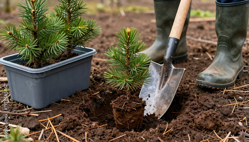 Gardener planting small pine seedling in soil. Woman uses shovel to plant young coniferous tree in garden. Concept of ecology, forest restoration, nature conservation and spring planting.