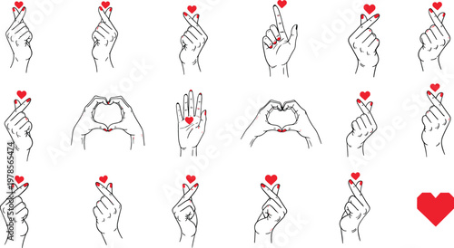 Hand gesture collection with finger heart signs and love symbols romantic minimal line art vector illustration set isolated on background