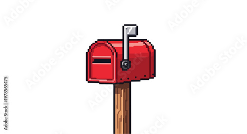 A charming pixel art illustration of a classic red mailbox mounted on a sturdy wooden post, featuring a raised flag and a clean white background.