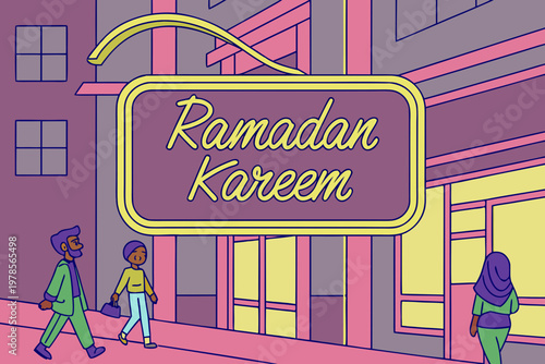 Ramadan Kareem Neon Sign in City Street.