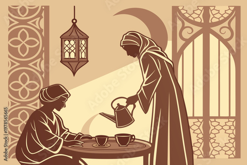 Traditional Middle Eastern Women Sharing Tea.