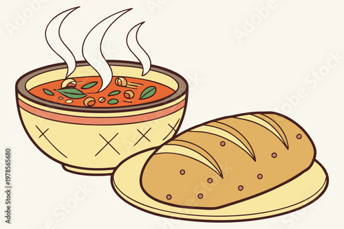 Warm Steaming Soup and Fresh Bread Illustration.