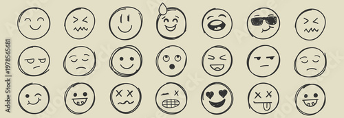 Face emoji icon set. Hand drawn doodle sketch style happy, angry, sad mood face emoticon background. Funny cartoon characters smile, wink, kiss emoji. Cute circle emotion element. Vector illustration