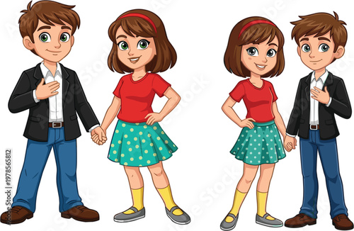 Cartoon character vector set of a happy young boy and girl couple holding hands wearing stylish casual clothes