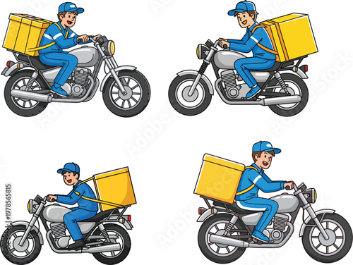 Fast Courier Service Man Riding Motorcycle with Yellow Box Delivering Food and Packages for Express Logistics and Online Orders