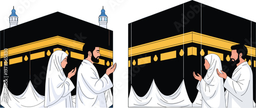 Muslim Couple Praying in Front of Kaaba in Makkah Wearing Ihram Clothes During Hajj or Umrah Islamic Pilgrimage Journey