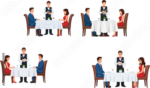 Elegant Couple Having Romantic Dinner Date in Luxury Restaurant While Professional Waiter Takes Their Order for Fine Dining Experience