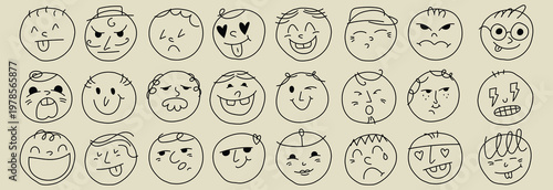 Face emoji icon set. Hand drawn doodle sketch style happy, angry, sad mood face emoticon background. Funny cartoon characters smile, wink, kiss emoji. Cute circle emotion element. Vector illustration