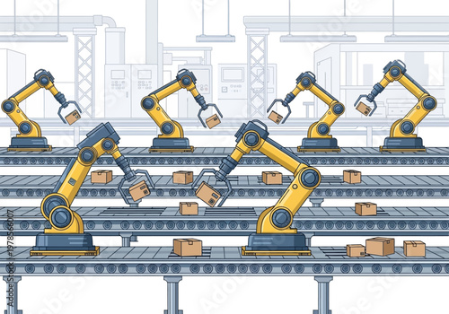 Industrial Robots on Assembly Line Production.