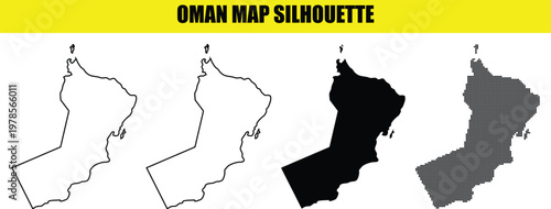 Oman map silhouette collection featuring outline solid black and pointillism vector shapes for middle east theme.
