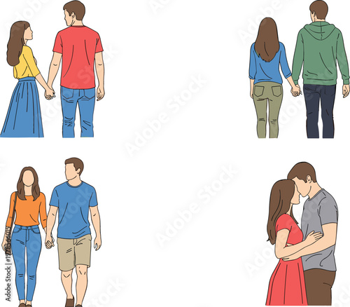 Set of young couples in different poses walking standing and embracing modern relationships lifestyle vector illustration collection isolated on background
