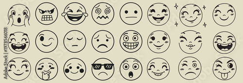 Face emoji icon set. Hand drawn doodle sketch style happy, angry, sad mood face emoticon background. Funny cartoon characters smile, wink, kiss emoji. Cute circle emotion element. Vector illustration