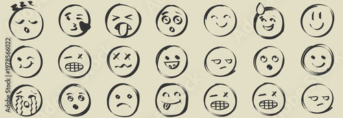 Face emoji icon set. Hand drawn doodle sketch style happy, angry, sad mood face emoticon background. Funny cartoon characters smile, wink, kiss emoji. Cute circle emotion element. Vector illustration