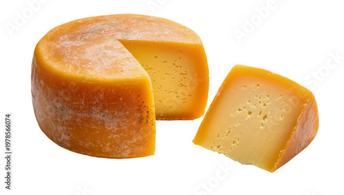 Bild auf Leinwand Whole wheel of aged gouda cheese with a slice removed, isolated on transparent b