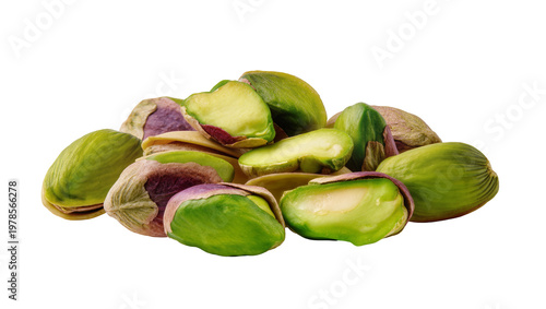 Pile of shelled and unshelled pistachios, isolated on transparent background