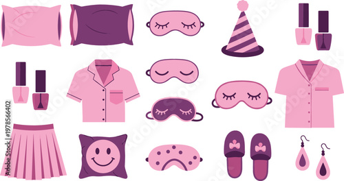 Cute pink sleepover essentials vector set with pajamas pillows eye masks slippers cosmetics and cozy girly night routine elements collection