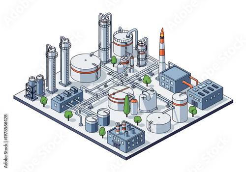 Isometric Industrial Plant with Tanks and Towers.