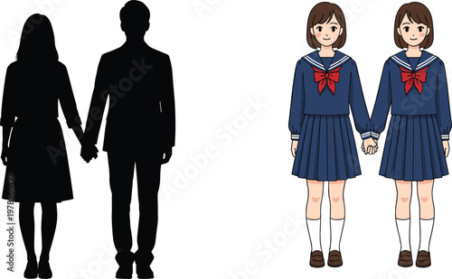 Silhouette and anime style school girls holding hands vector illustration comparison of shadow figures and detailed Japanese uniform characters isolated design