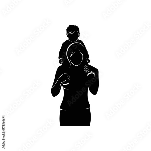 Silhouette of mother carrying child on shoulders