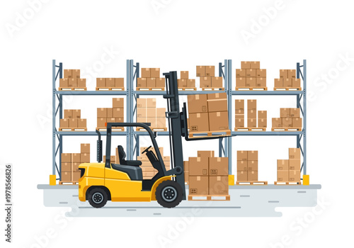 Yellow Forklift Truck in Warehouse Setting.