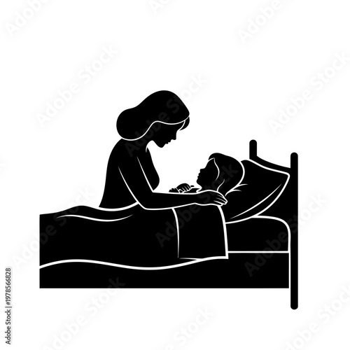 Mother tucking child into bed silhouette
