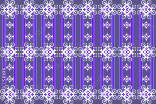 A seamless abstract pattern with vibrant geometric shapes and a bold mix of teal, purple, and pink tones mounted on a dark backdrop — ideal for modern textile, wallpaper, or digital art designs.